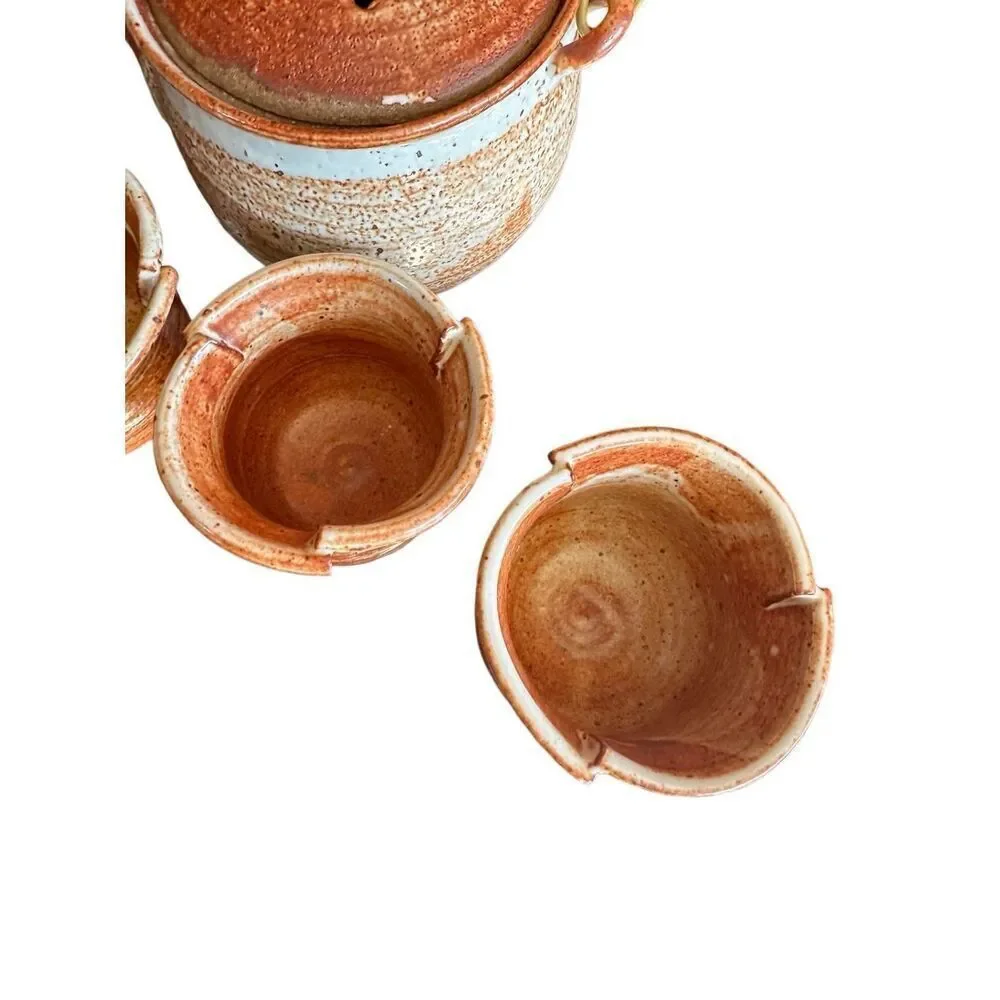 Handmade Rustic Stone Studio Pottery “Mingei-sota” Style Tea‎ Pot & 4 Unique Tea